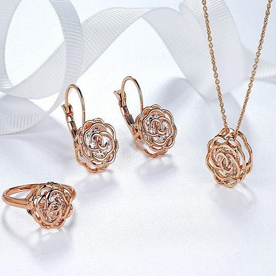 Rose Is A Rose Set Of Ring; Earrings and Pendant With Chain In 18kt Rose Crystals In White Yellow And Rose Gold Plating