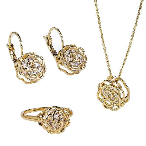 Rose Is A Rose Set Of Ring; Earrings and Pendant With Chain In 18kt Rose Crystals In White Yellow And Rose Gold Plating