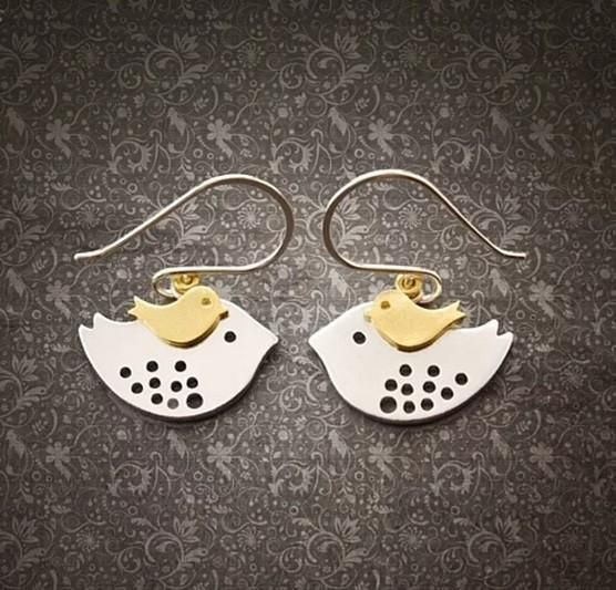 SKY TRAVELERS EARRINGS Little Bird Learning To Fly From Mom Bird in 925 Sterling Silver hooks