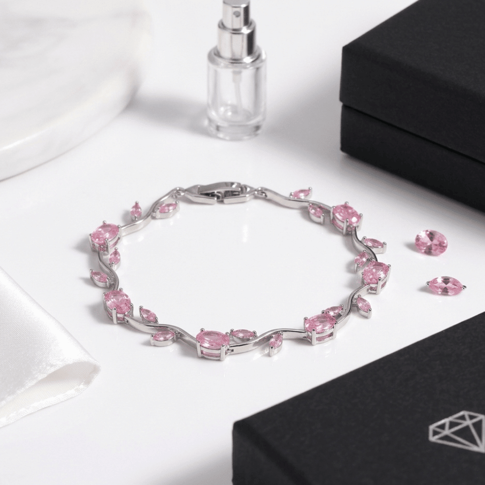 Pink Zircon Copper Bracelet for Women, Platinum Finish Tennis Bracelet, Elegant Fashion Jewelry Gift