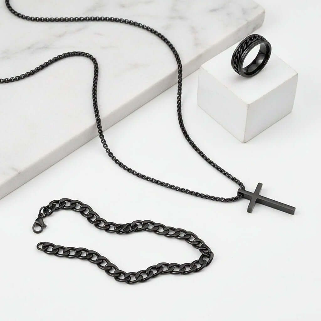 Men's Cross Jewelry Set, Black Necklace Ring & Bracelet Set, Gothic Fashion Accessories Gift Set for Men