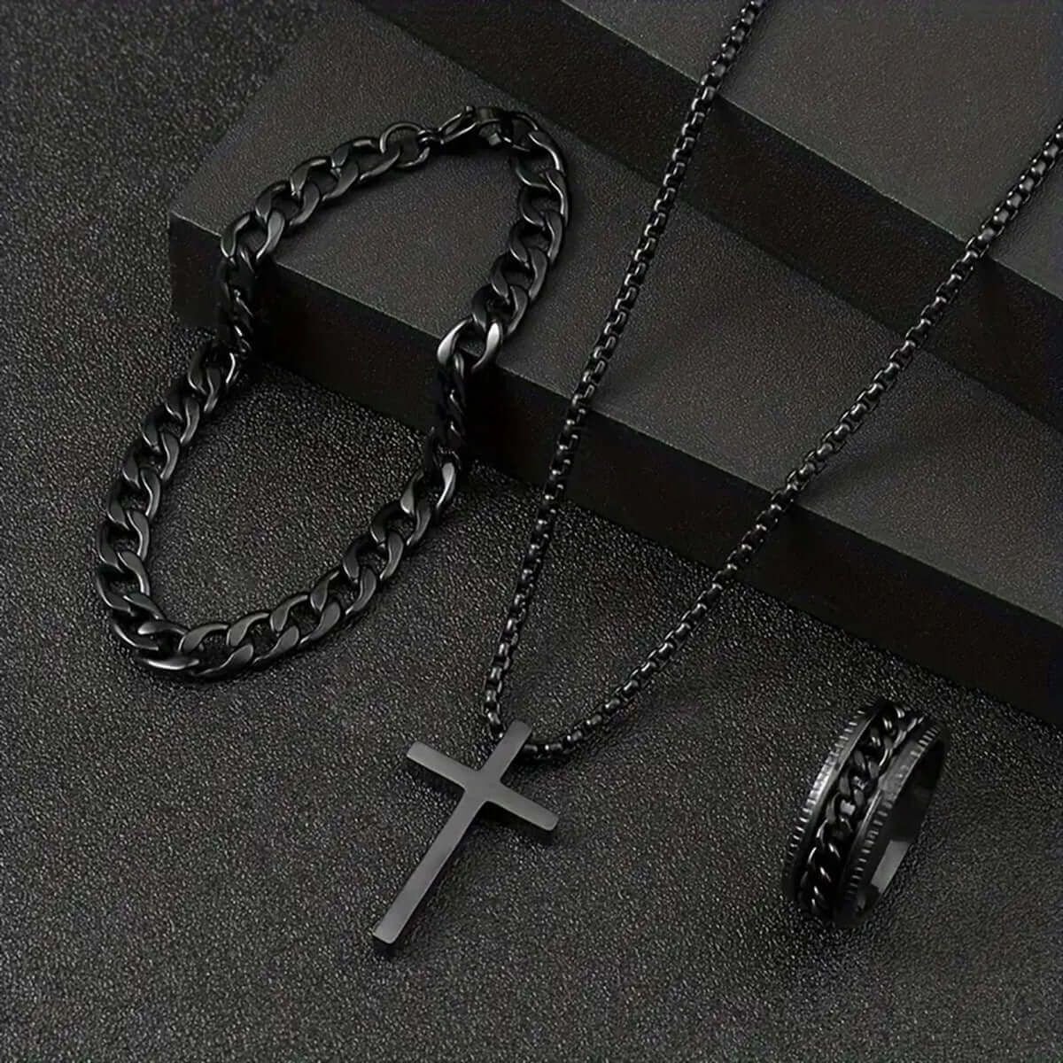 Men's Cross Jewelry Set, Black Necklace Ring & Bracelet Set, Gothic Fashion Accessories Gift Set for Men
