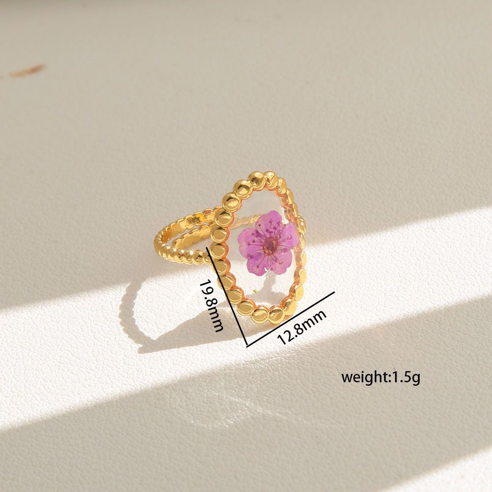 Cottagecore Real Dried Flower Resin Open Ring Women Gold Plated Boho Botanical Adjustable Aesthetic Fashion Jewelry