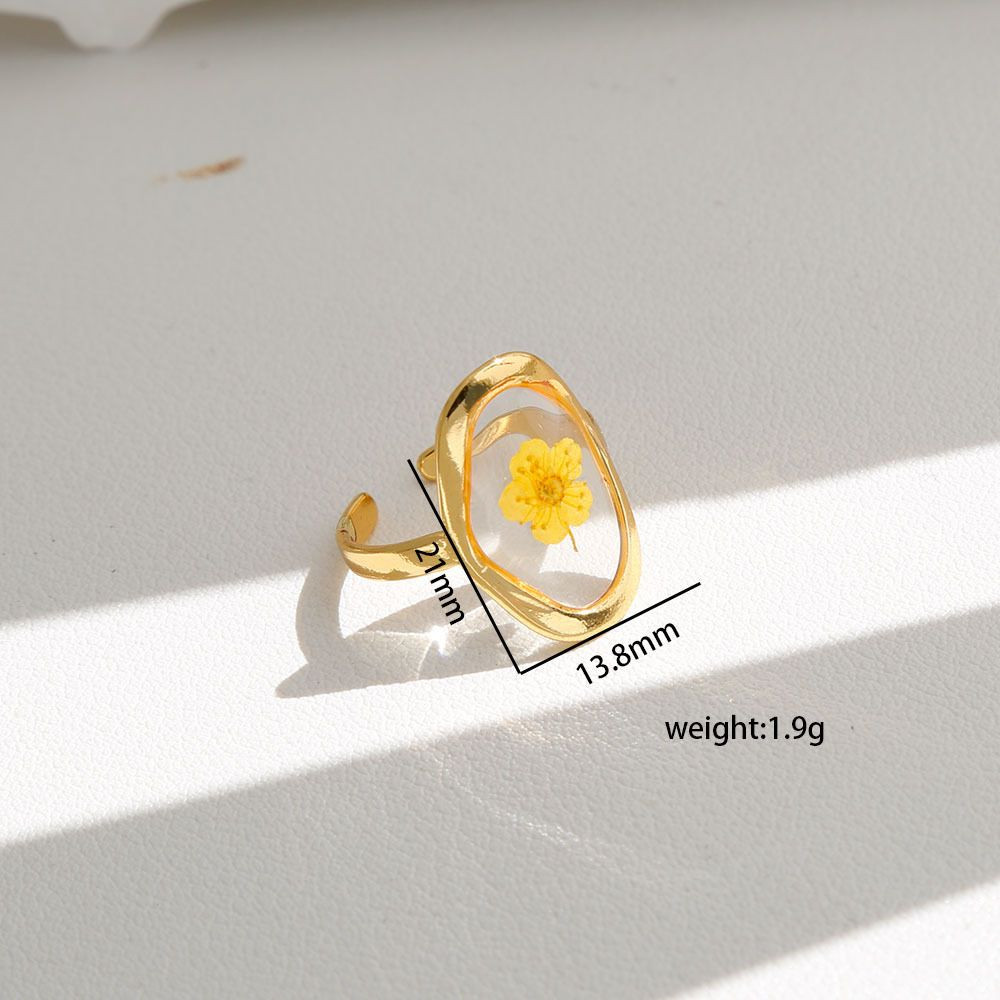 Cottagecore Real Dried Flower Resin Open Ring Women Gold Plated Boho Botanical Adjustable Aesthetic Fashion Jewelry
