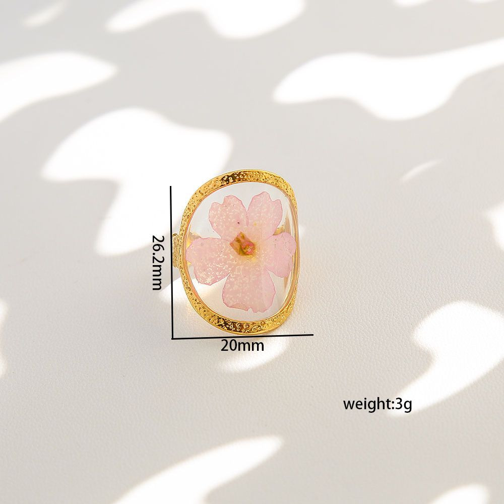 Cottagecore Real Dried Flower Resin Open Ring Women Gold Plated Boho Botanical Adjustable Aesthetic Fashion Jewelry