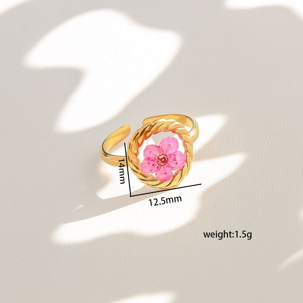 Cottagecore Real Dried Flower Resin Open Ring Women Gold Plated Boho Botanical Adjustable Aesthetic Fashion Jewelry
