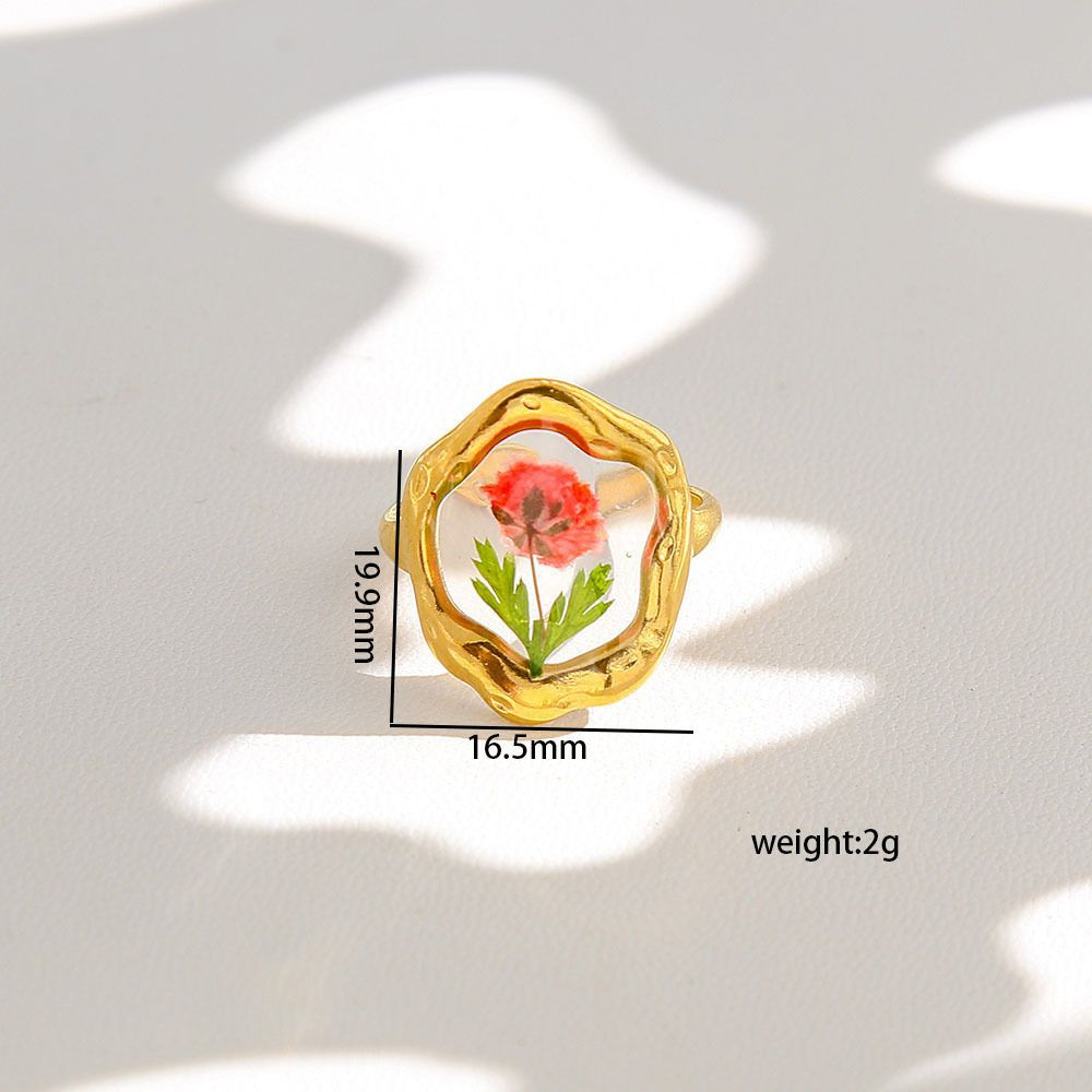 Cottagecore Real Dried Flower Resin Open Ring Women Gold Plated Boho Botanical Adjustable Aesthetic Fashion Jewelry