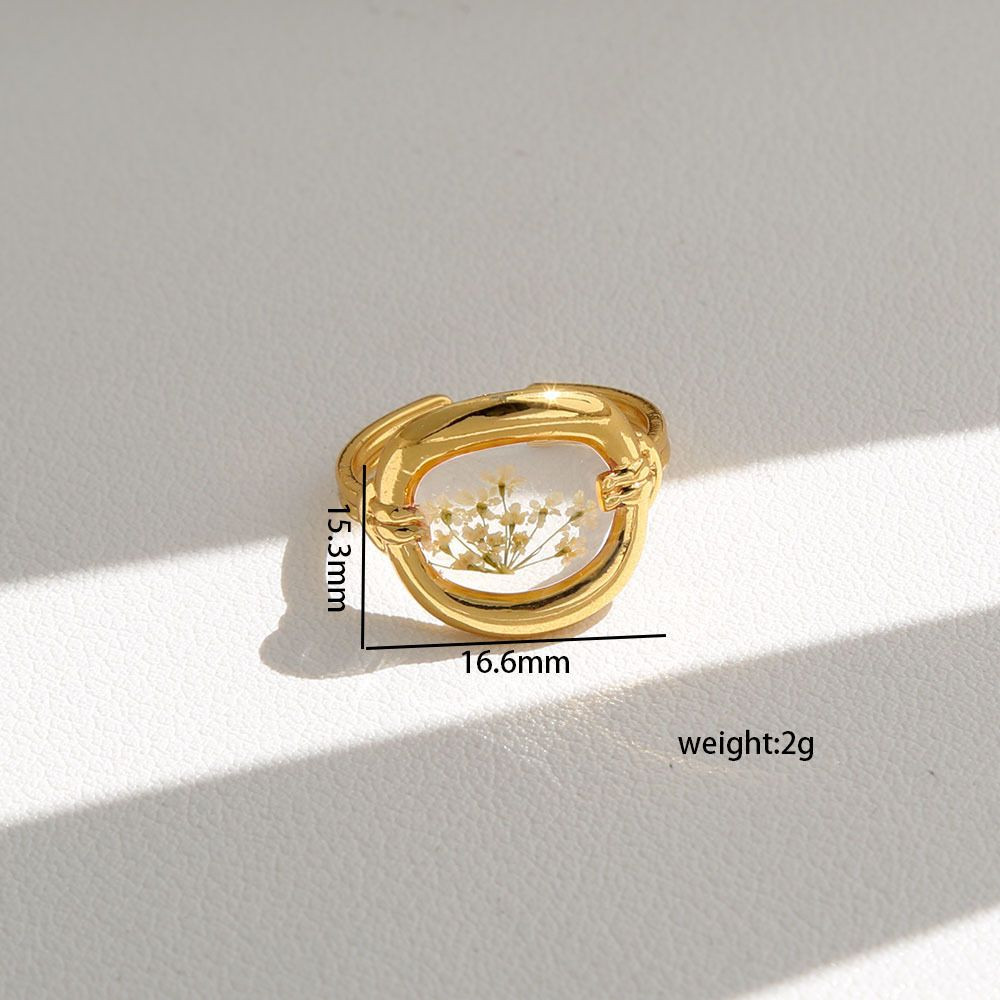 Cottagecore Real Dried Flower Resin Open Ring Women Gold Plated Boho Botanical Adjustable Aesthetic Fashion Jewelry