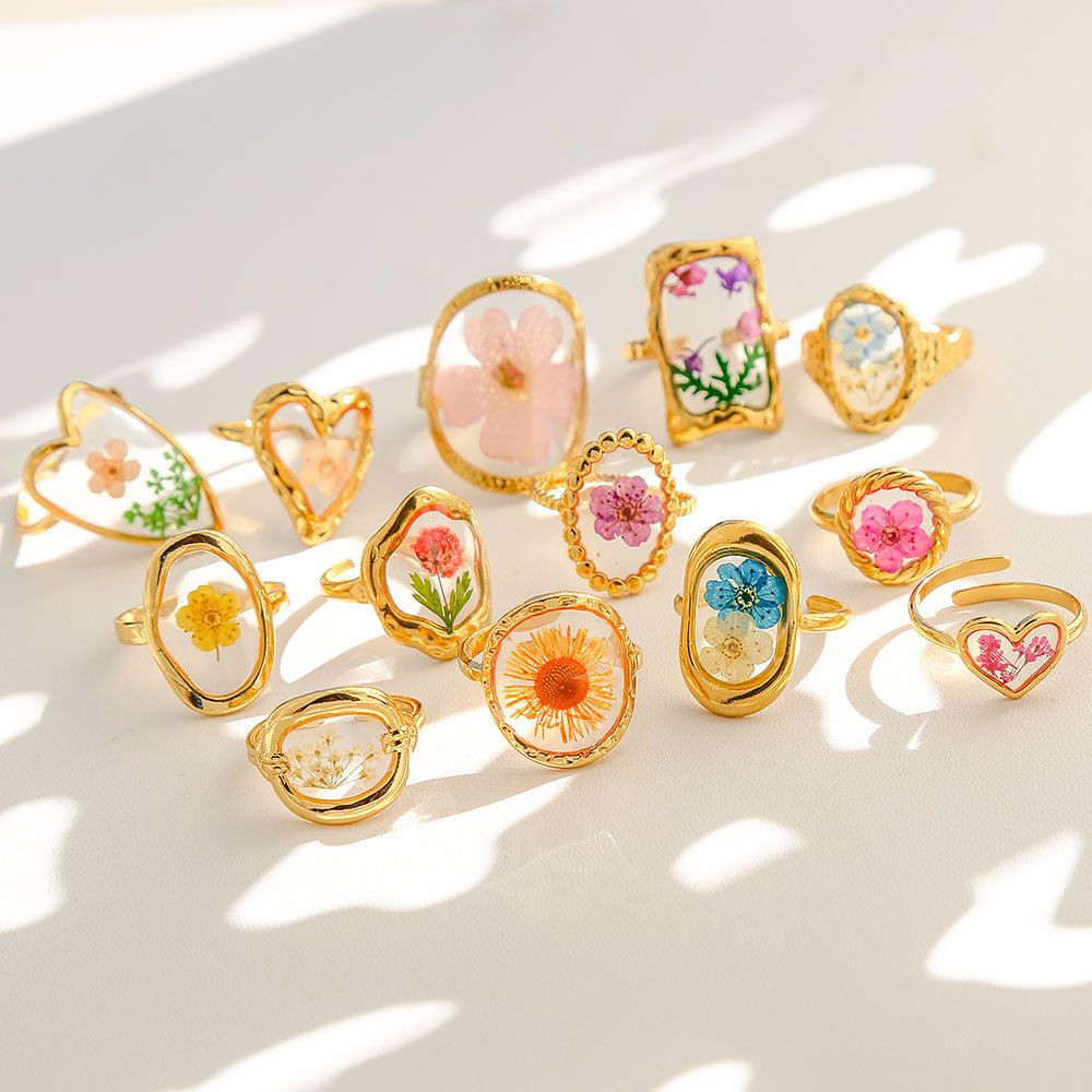 Cottagecore Real Dried Flower Resin Open Ring Women Gold Plated Boho Botanical Adjustable Aesthetic Fashion Jewelry