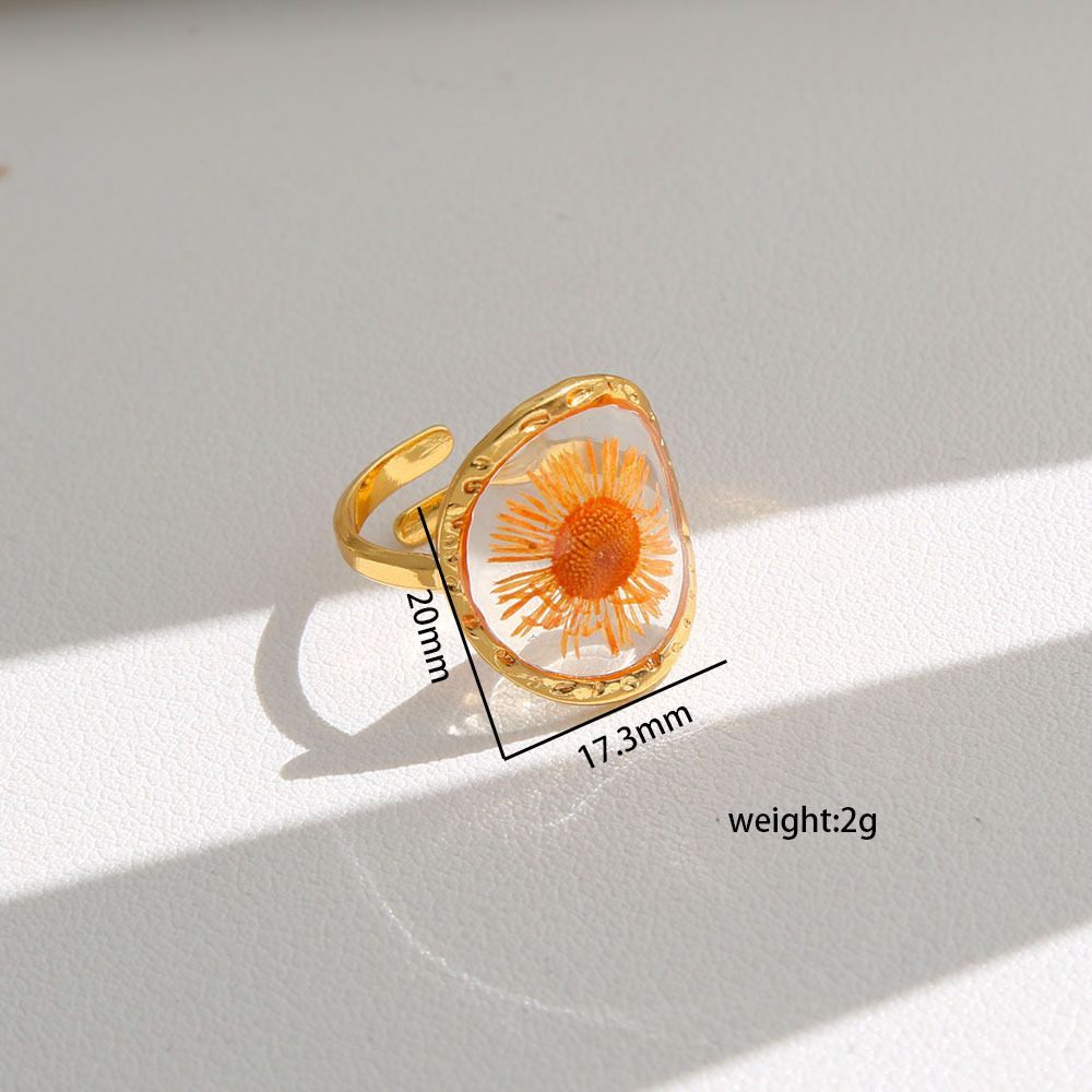 Cottagecore Real Dried Flower Resin Open Ring Women Gold Plated Boho Botanical Adjustable Aesthetic Fashion Jewelry