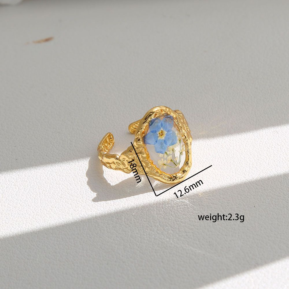 Cottagecore Real Dried Flower Resin Open Ring Women Gold Plated Boho Botanical Adjustable Aesthetic Fashion Jewelry