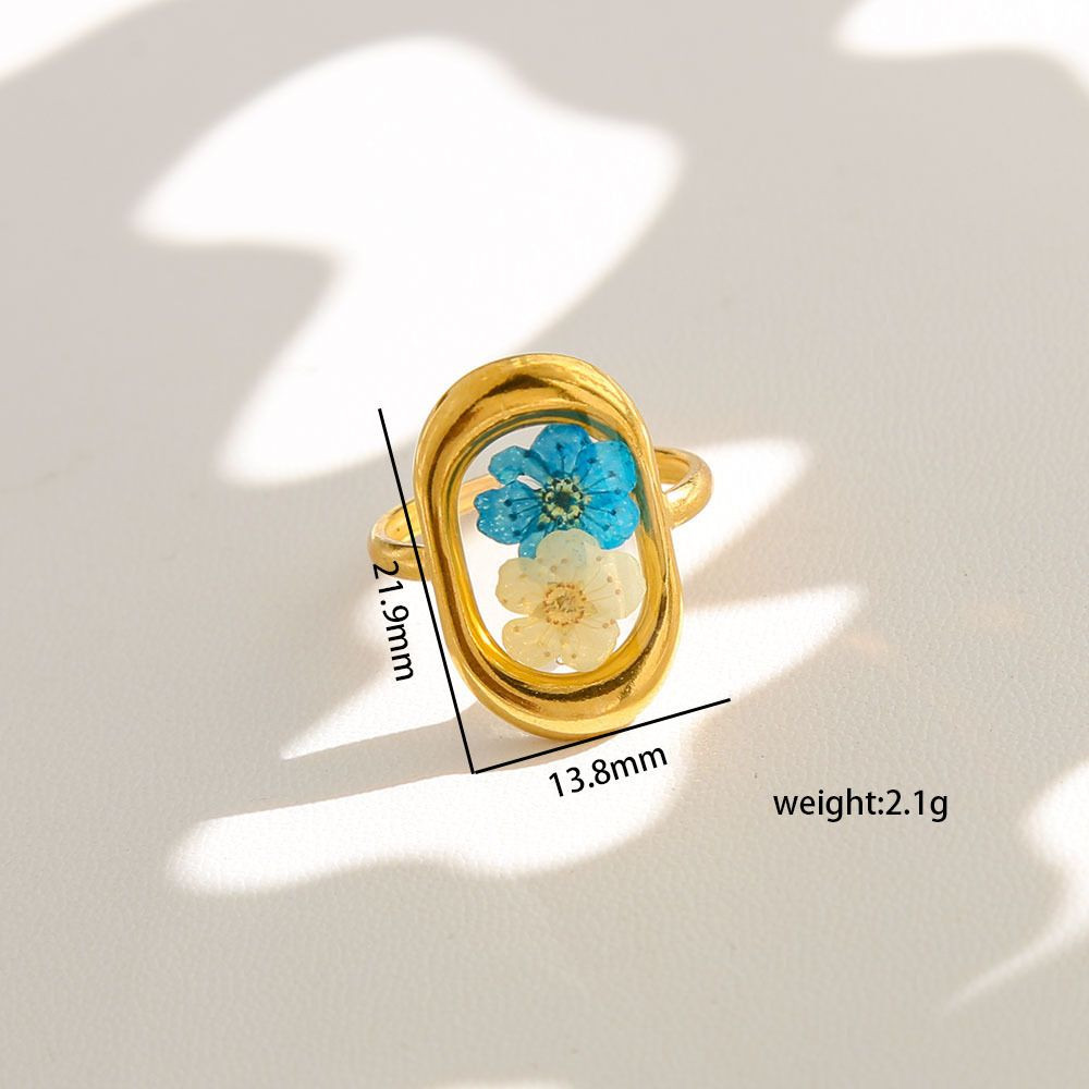 Cottagecore Real Dried Flower Resin Open Ring Women Gold Plated Boho Botanical Adjustable Aesthetic Fashion Jewelry