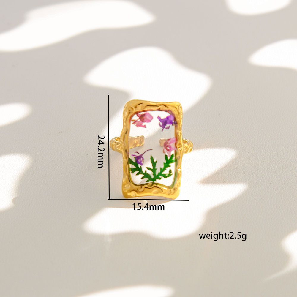 Cottagecore Real Dried Flower Resin Open Ring Women Gold Plated Boho Botanical Adjustable Aesthetic Fashion Jewelry