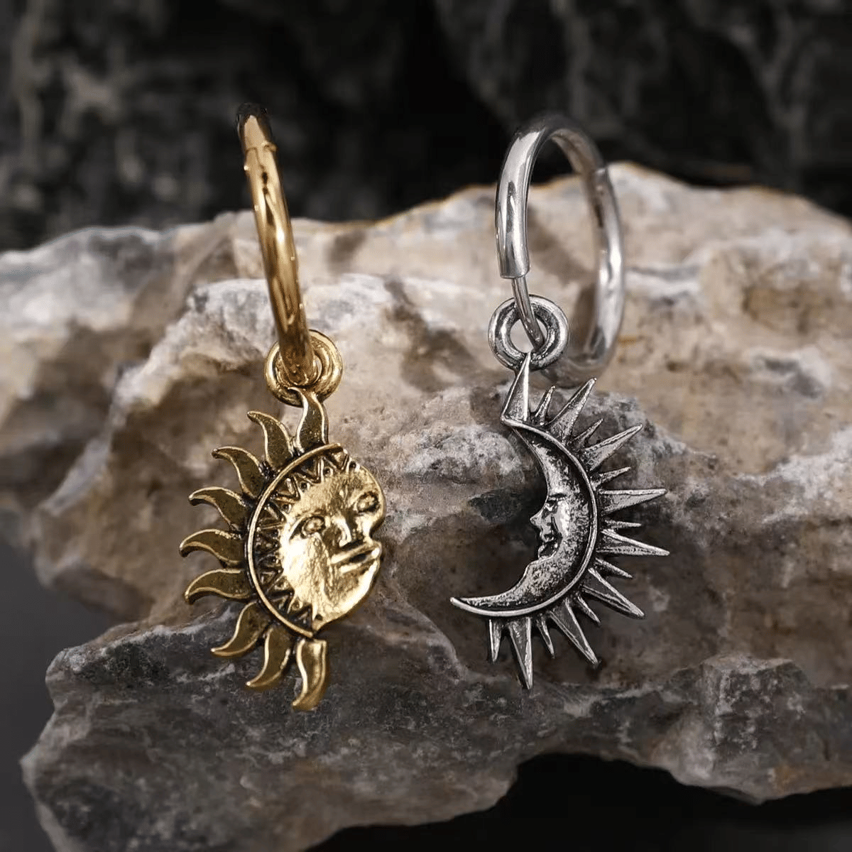 Vintage Sun Moon Hoop Earrings For Women Men, Asymmetric Boho Celestial Huggie Hoop Earrings, Retro Antique Gold Silver Sunface Moonface Drop Dangle Earrings, Hypoallergenic Stainless Steel Gothic Boh