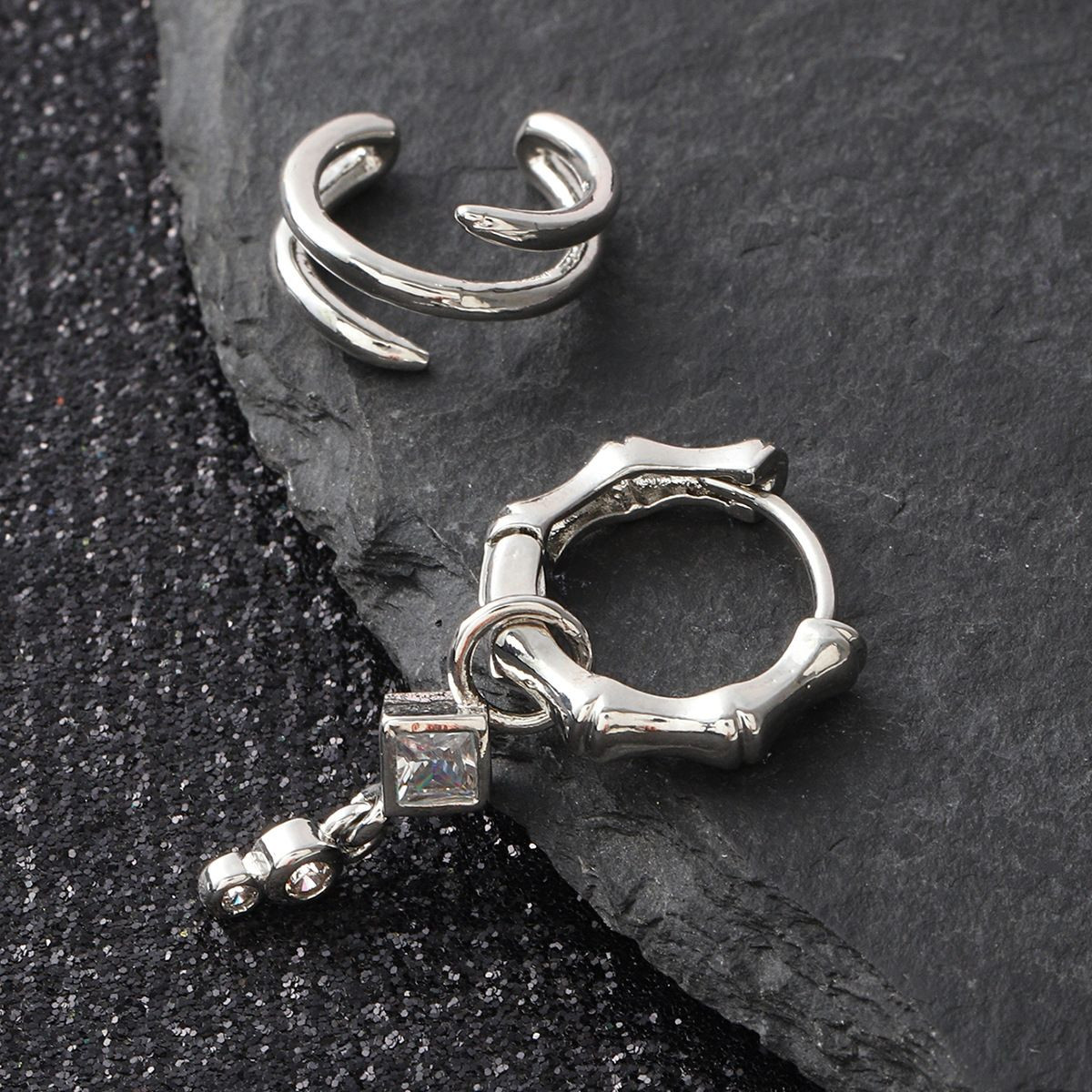 European and American Men's Bamboo Joint Zircon Pendant Ear Clips Set Hip-Hop Punk Style Earrings Accessories