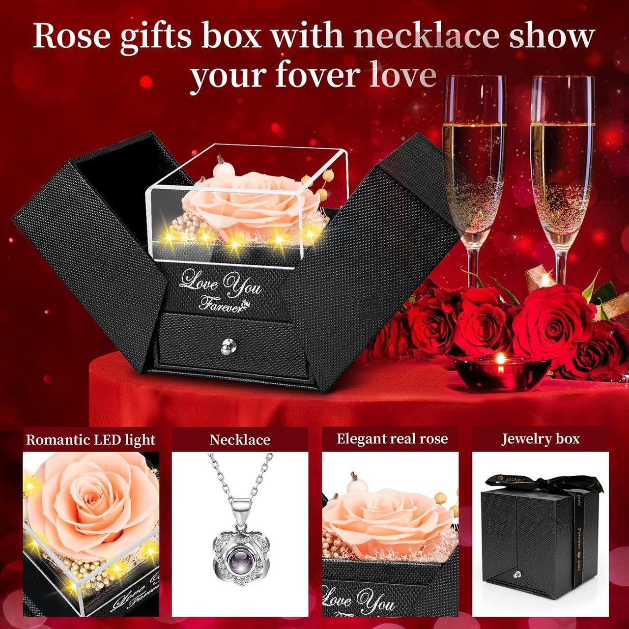 Preserved Red Real Rose with Heart I Love You Necklace -Mothers Day Gifts for Mom Her Wife Girlfriend Grandma on Valentines Mothers Day Christmas Birthday Anniversary Romantic-Red