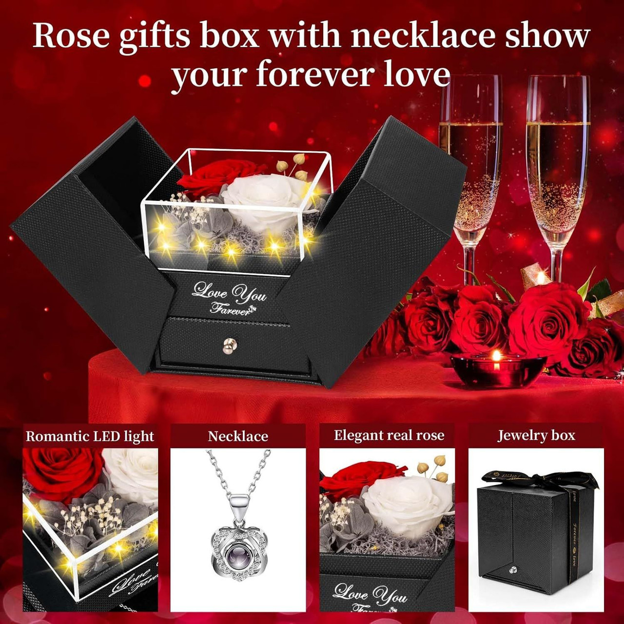 Preserved Red Real Rose with Heart I Love You Necklace -Mothers Day Gifts for Mom Her Wife Girlfriend Grandma on Valentines Mothers Day Christmas Birthday Anniversary Romantic-Red