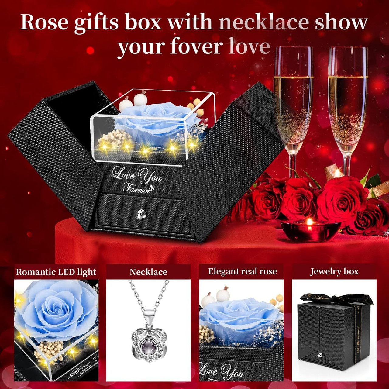 Preserved Red Real Rose with Heart I Love You Necklace -Mothers Day Gifts for Mom Her Wife Girlfriend Grandma on Valentines Mothers Day Christmas Birthday Anniversary Romantic-Red