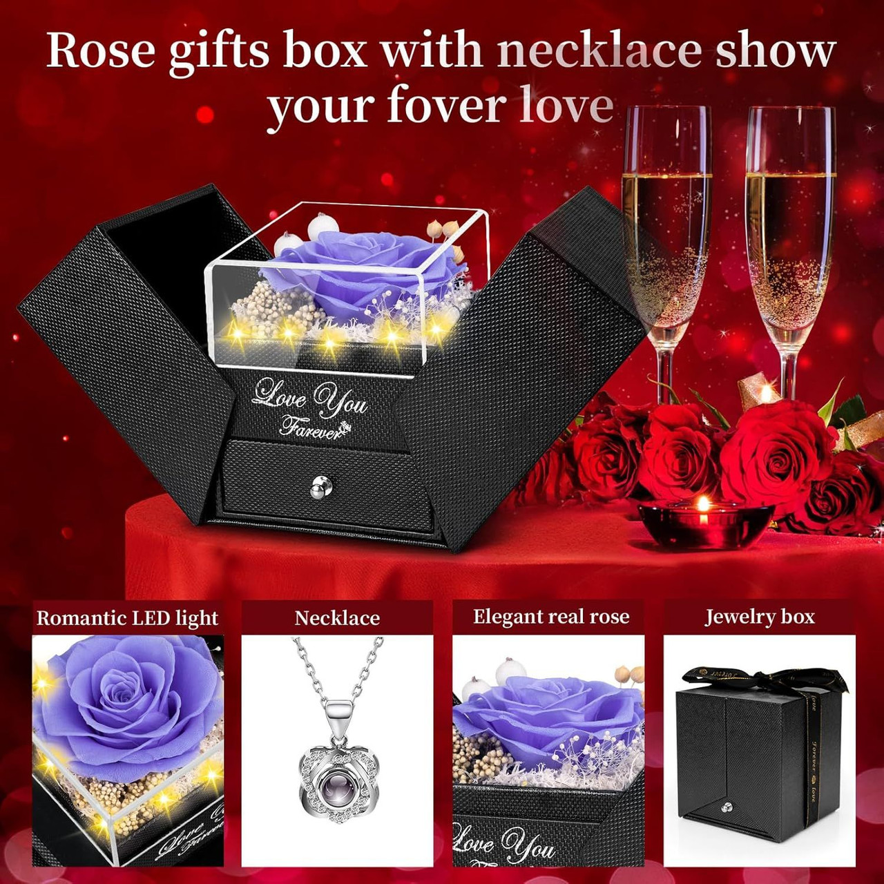 Preserved Red Real Rose with Heart I Love You Necklace -Mothers Day Gifts for Mom Her Wife Girlfriend Grandma on Valentines Mothers Day Christmas Birthday Anniversary Romantic-Red