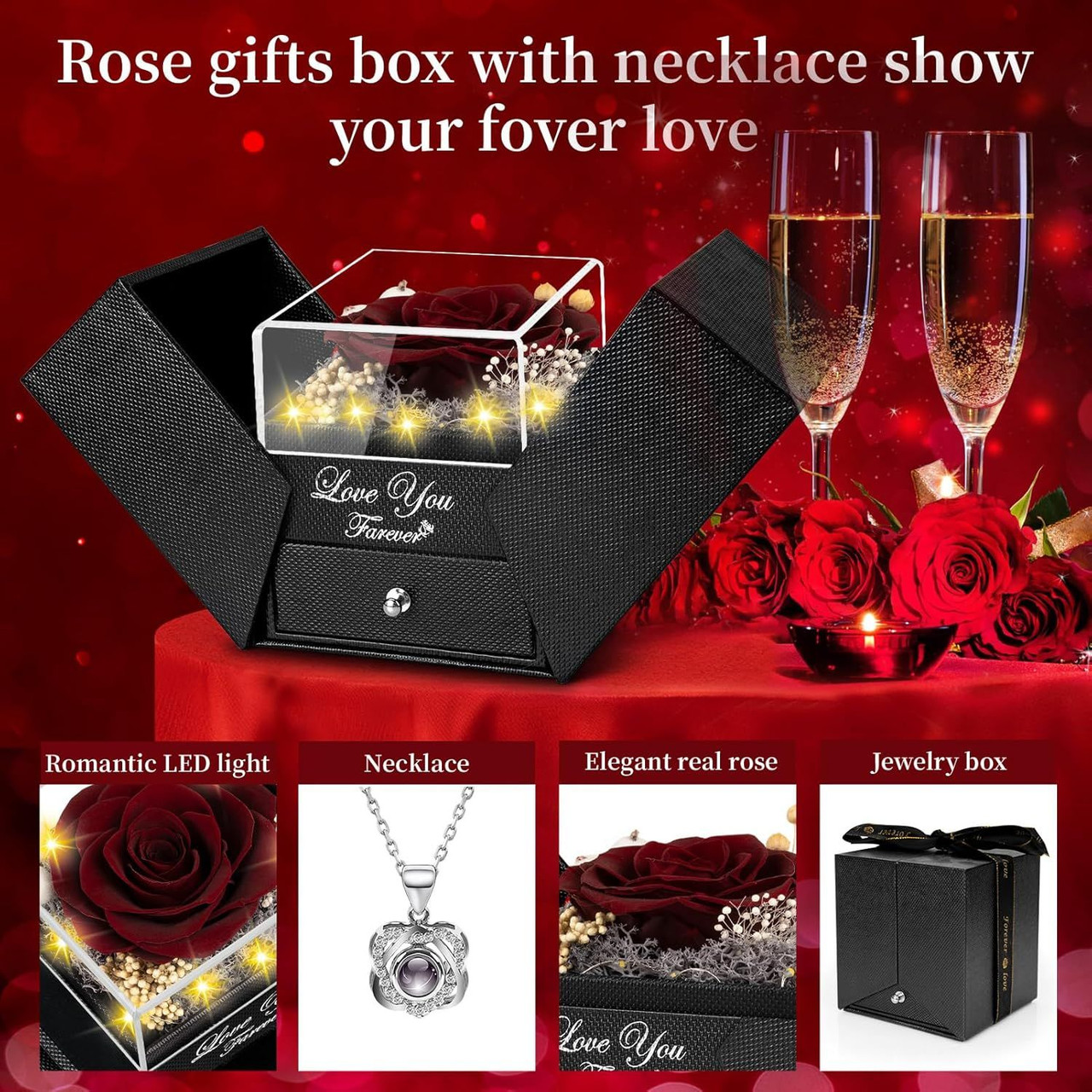 Preserved Red Real Rose with Heart I Love You Necklace -Mothers Day Gifts for Mom Her Wife Girlfriend Grandma on Valentines Mothers Day Christmas Birthday Anniversary Romantic-Red