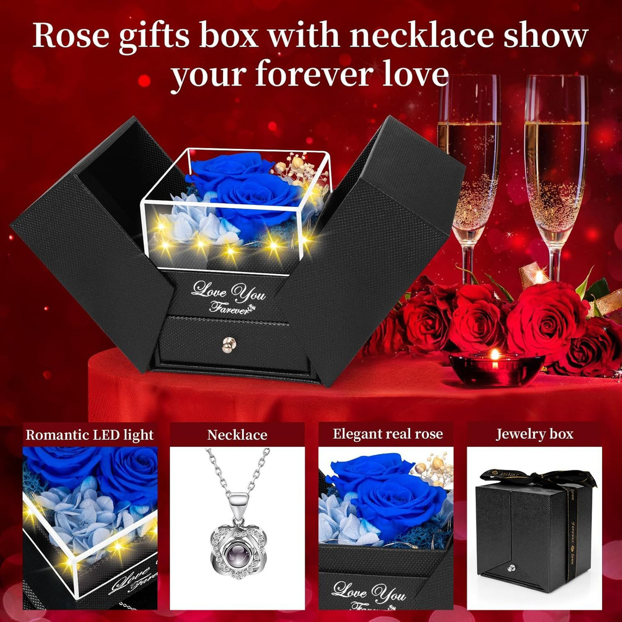 Preserved Red Real Rose with Heart I Love You Necklace -Mothers Day Gifts for Mom Her Wife Girlfriend Grandma on Valentines Mothers Day Christmas Birthday Anniversary Romantic-Red
