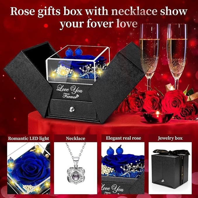 Preserved Red Real Rose with Heart I Love You Necklace -Mothers Day Gifts for Mom Her Wife Girlfriend Grandma on Valentines Mothers Day Christmas Birthday Anniversary Romantic-Red