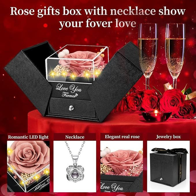 Preserved Red Real Rose with Heart I Love You Necklace -Mothers Day Gifts for Mom Her Wife Girlfriend Grandma on Valentines Mothers Day Christmas Birthday Anniversary Romantic-Red