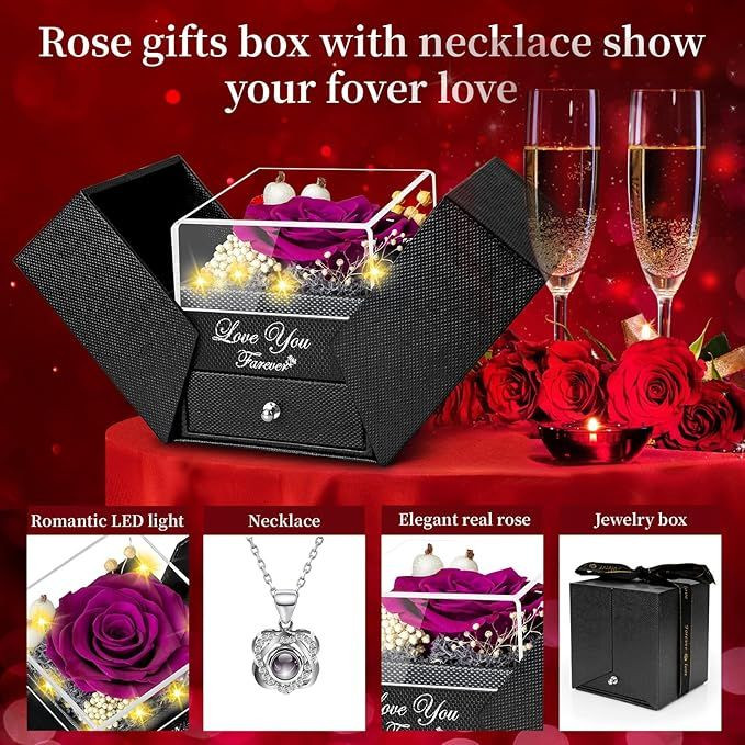 Preserved Red Real Rose with Heart I Love You Necklace -Mothers Day Gifts for Mom Her Wife Girlfriend Grandma on Valentines Mothers Day Christmas Birthday Anniversary Romantic-Red