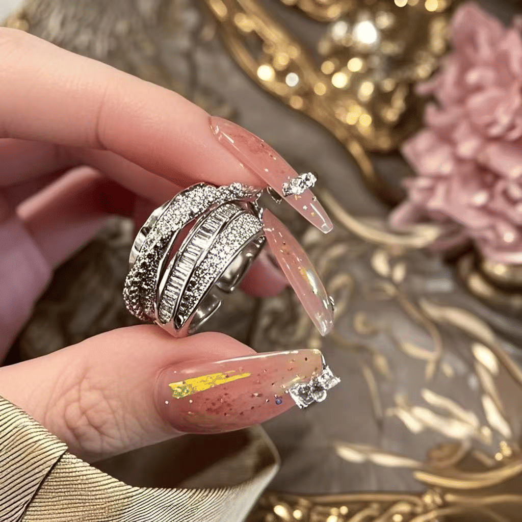 Luxury 3 Layer Paved Cubic Zirconia Open Ring For Women, T Square Cut CZ Diamond Adjustable Cuff Ring, Sparkly Silver Plated Statement Stackable Party Wedding Fashion Jewelry Gift