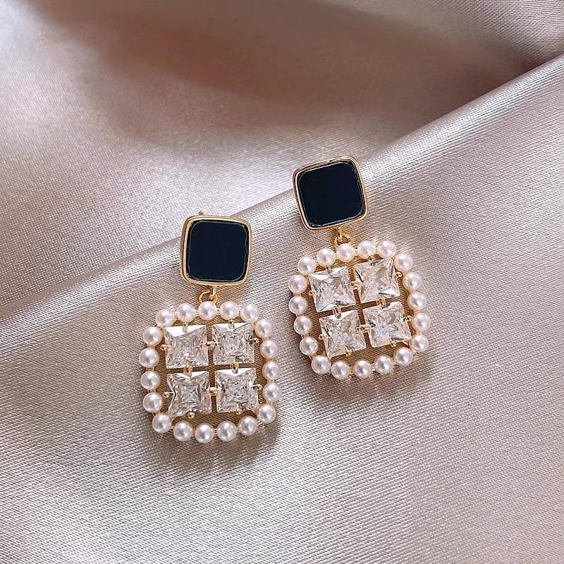 Elegant Black Enamel Square Pearl Drop Earrings for Women, 4Pcs Princess Cut Cubic Zirconia Sparkling Dangle Earrings, Luxury Vintage Formal Wedding Party Jewelry Gift