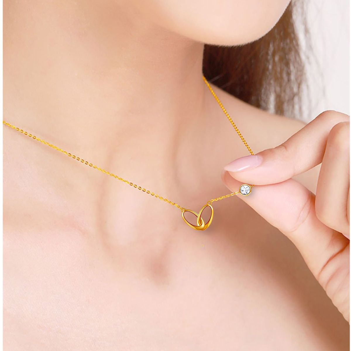 Emma Manor 18k Gold Plated Double Ring Love Heart Pendant Necklace for Women