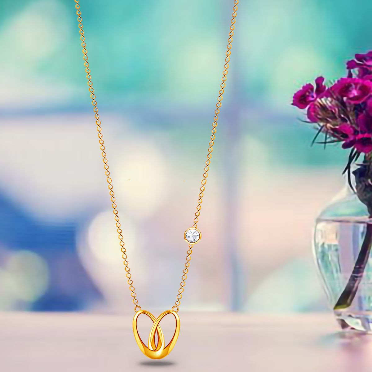 Emma Manor 18k Gold Plated Double Ring Love Heart Pendant Necklace for Women