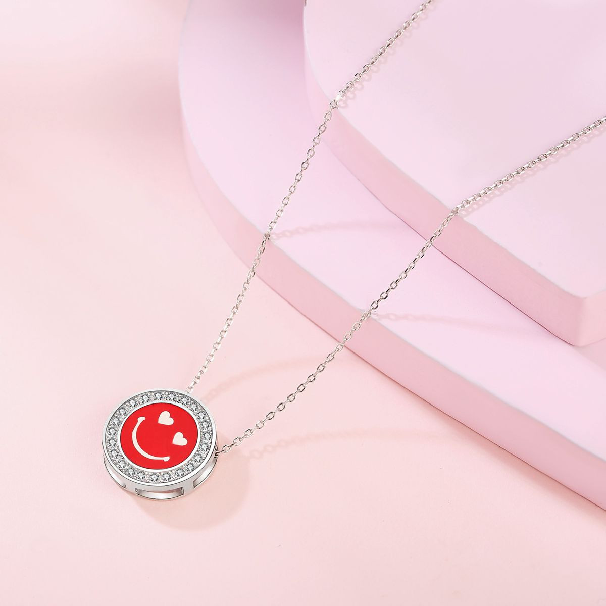 Emma Manor 925 Sterling Silver 5A CZ Diamond Enamel Happy Face Pendant Necklace for Women