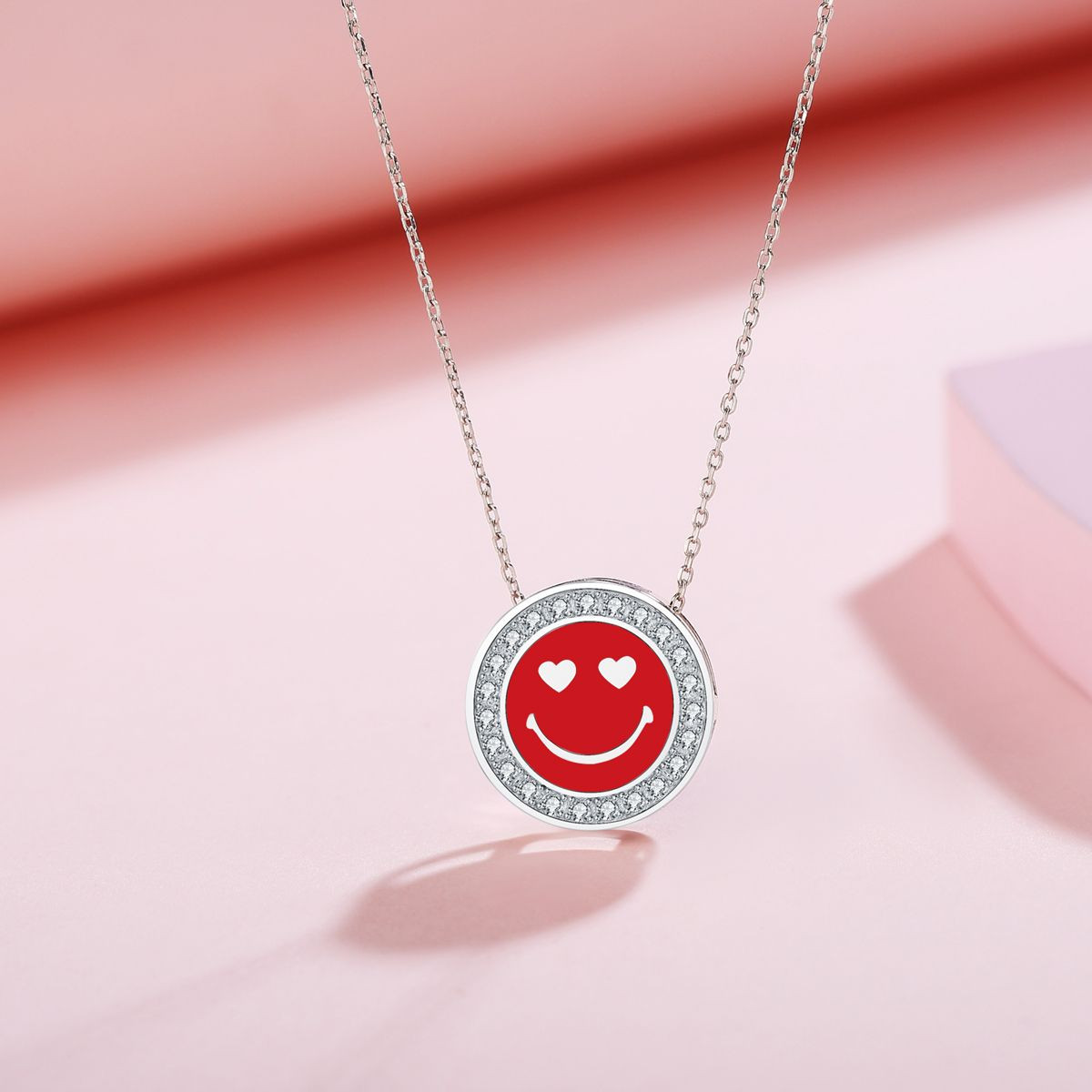 Emma Manor 925 Sterling Silver 5A CZ Diamond Enamel Happy Face Pendant Necklace for Women
