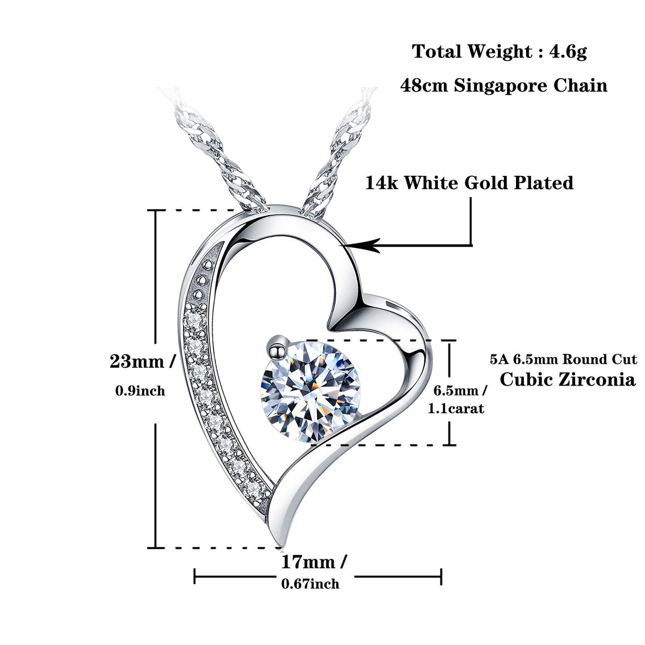 Emma Manor Heart Necklace 14K White Gold Plated Round Cut Cubic Zirconia Forever Lover Heart Pendant Necklace for Women Girls