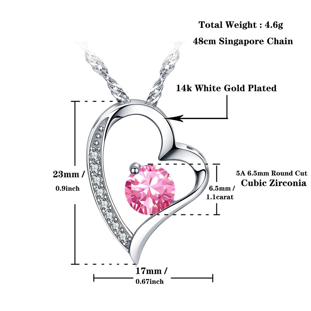 Emma Manor Heart Necklace 14K White Gold Plated Round Cut Cubic Zirconia Forever Lover Heart Pendant Necklace for Women Girls