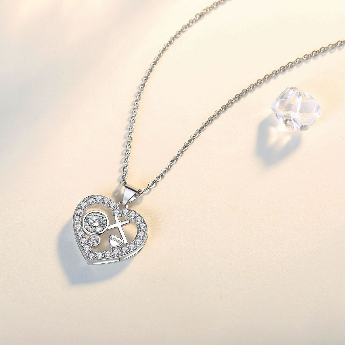 White Gold Plated 5A Cubic Zirconia Cross Heart Pendant Necklace for Women