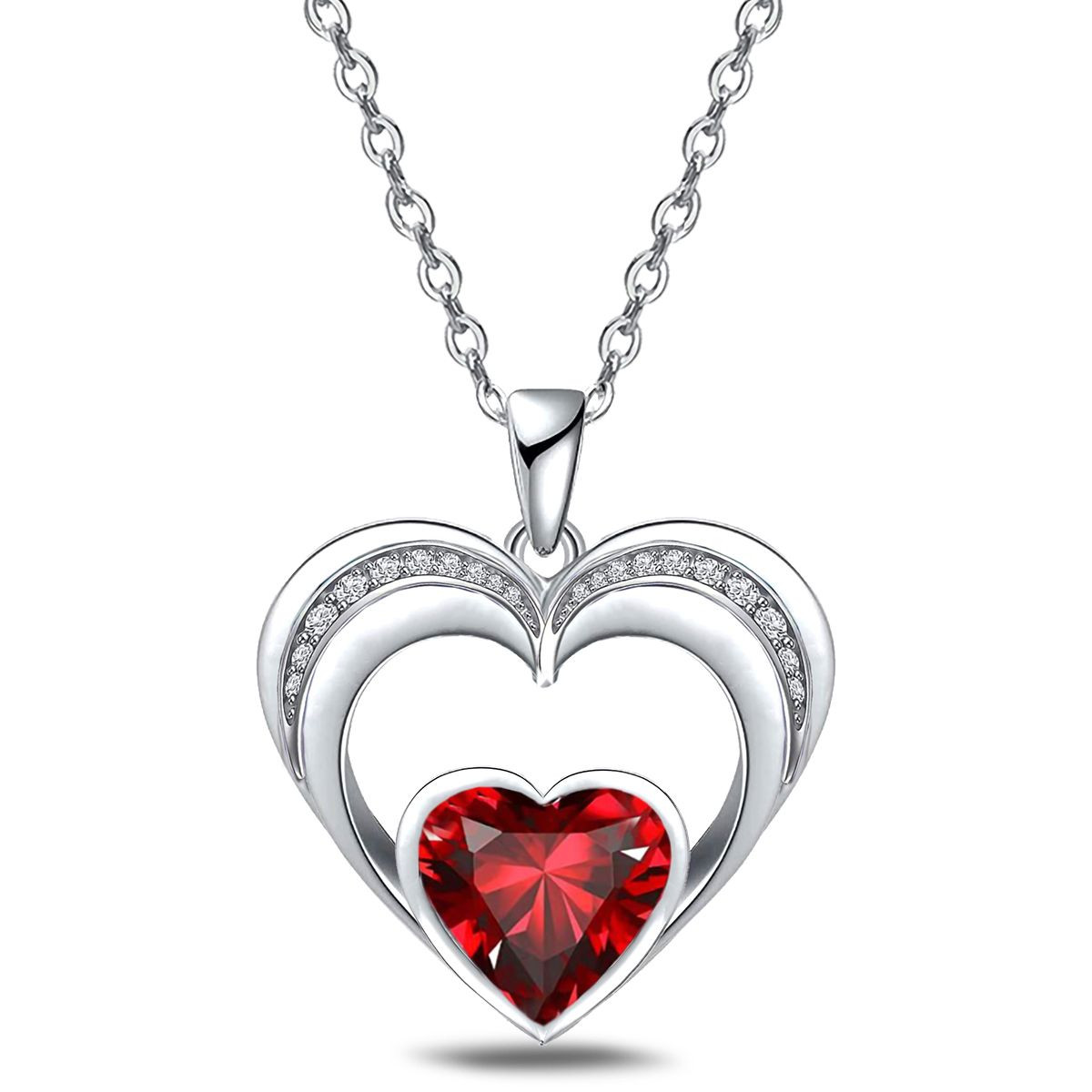 14k White Gold Plated 5A Heart Shape Cubic Zirconia Love Double Heart Pendant Necklace for Women, Jewelry Gift for Wife Girlfriend