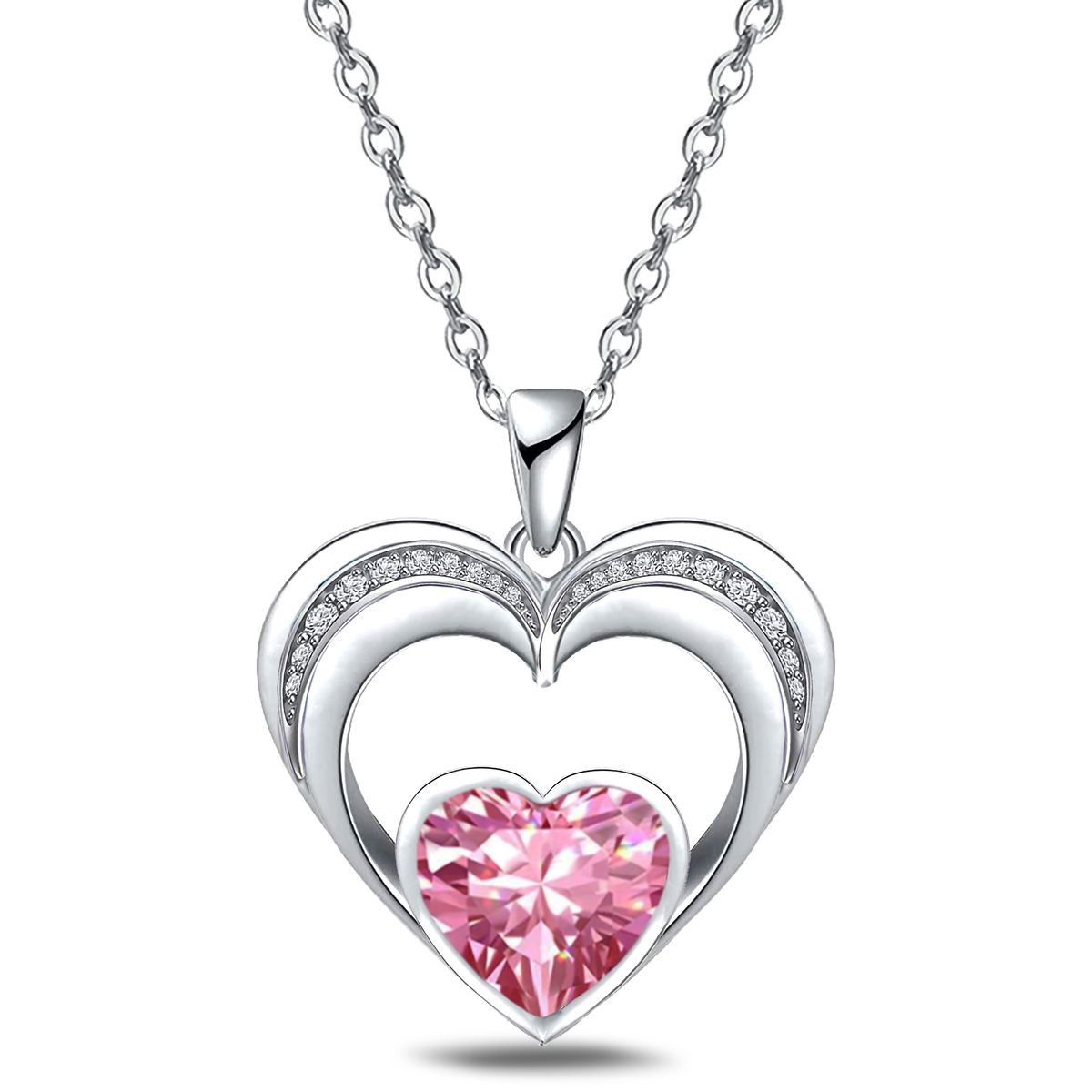 14k White Gold Plated 5A Heart Shape Cubic Zirconia Love Double Heart Pendant Necklace for Women, Jewelry Gift for Wife Girlfriend