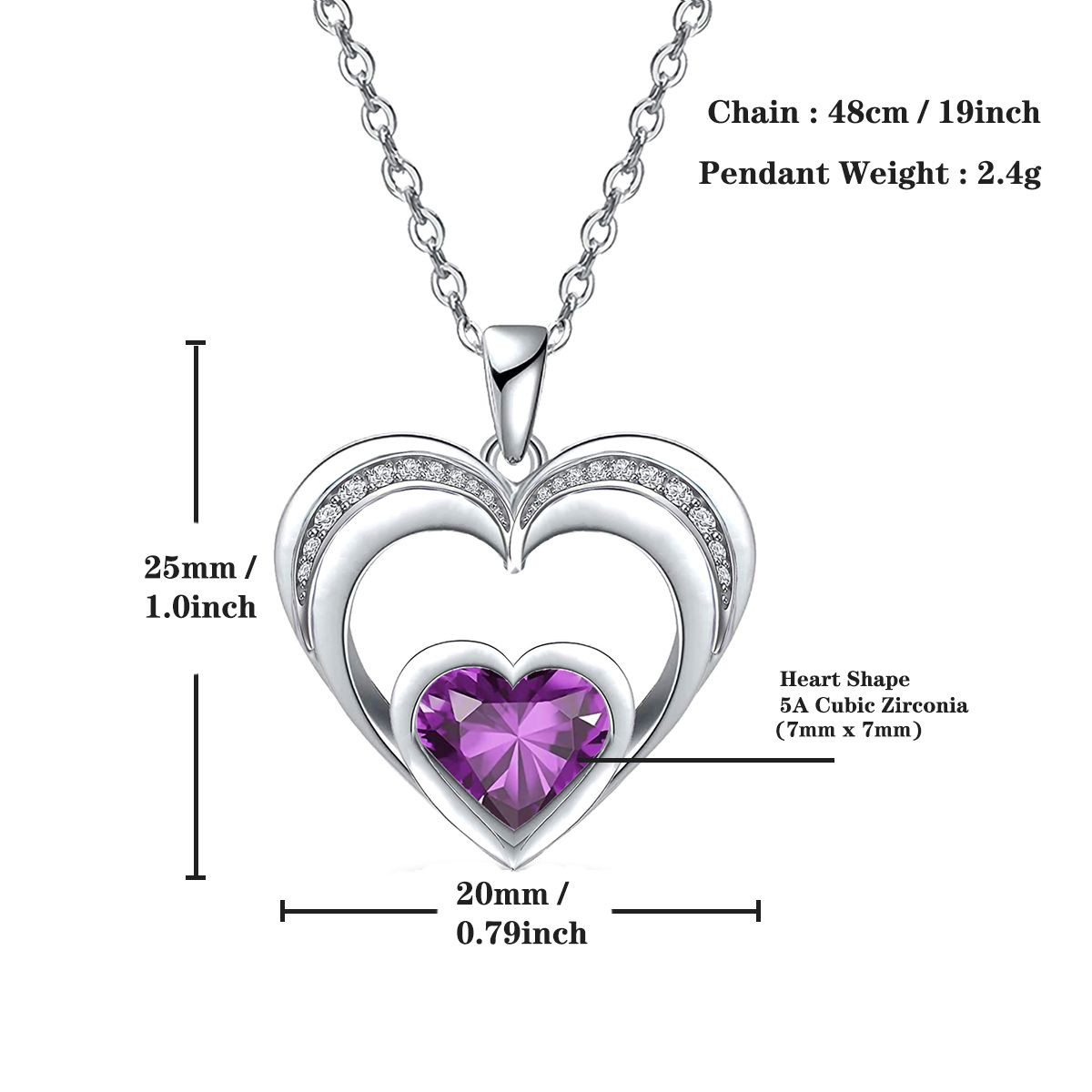 14k White Gold Plated 5A Heart Shape Cubic Zirconia Love Double Heart Pendant Necklace for Women, Jewelry Gift for Wife Girlfriend