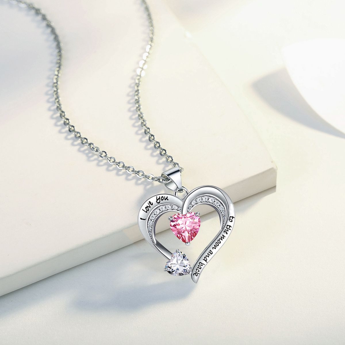 Love Heart Pendant Necklace 18k White Gold Plated 5A Cubic Zirconia Engraved I Love You Heart Jewelry Gift for Women Wife Girl