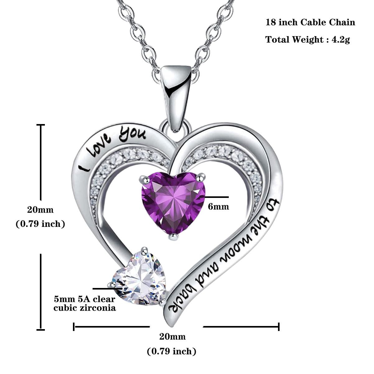 Love Heart Pendant Necklace 18k White Gold Plated 5A Cubic Zirconia Engraved I Love You Heart Jewelry Gift for Women Wife Girl