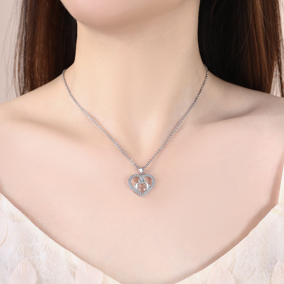 Heart Pendant Necklace 14k White Gold Plated Cubic Zirconia Love Heart Jewelry for Women Girls