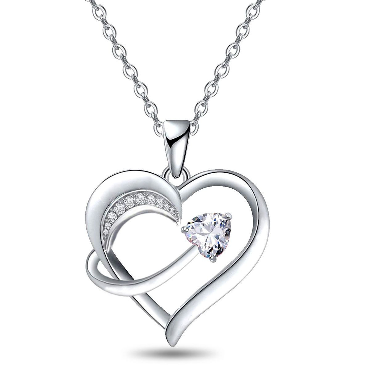 14k White Gold Plated 5A Cubic Zirconia Unique Love Heart Pendant Necklace for Women, Jewelry Gift for Wife Girlfriend
