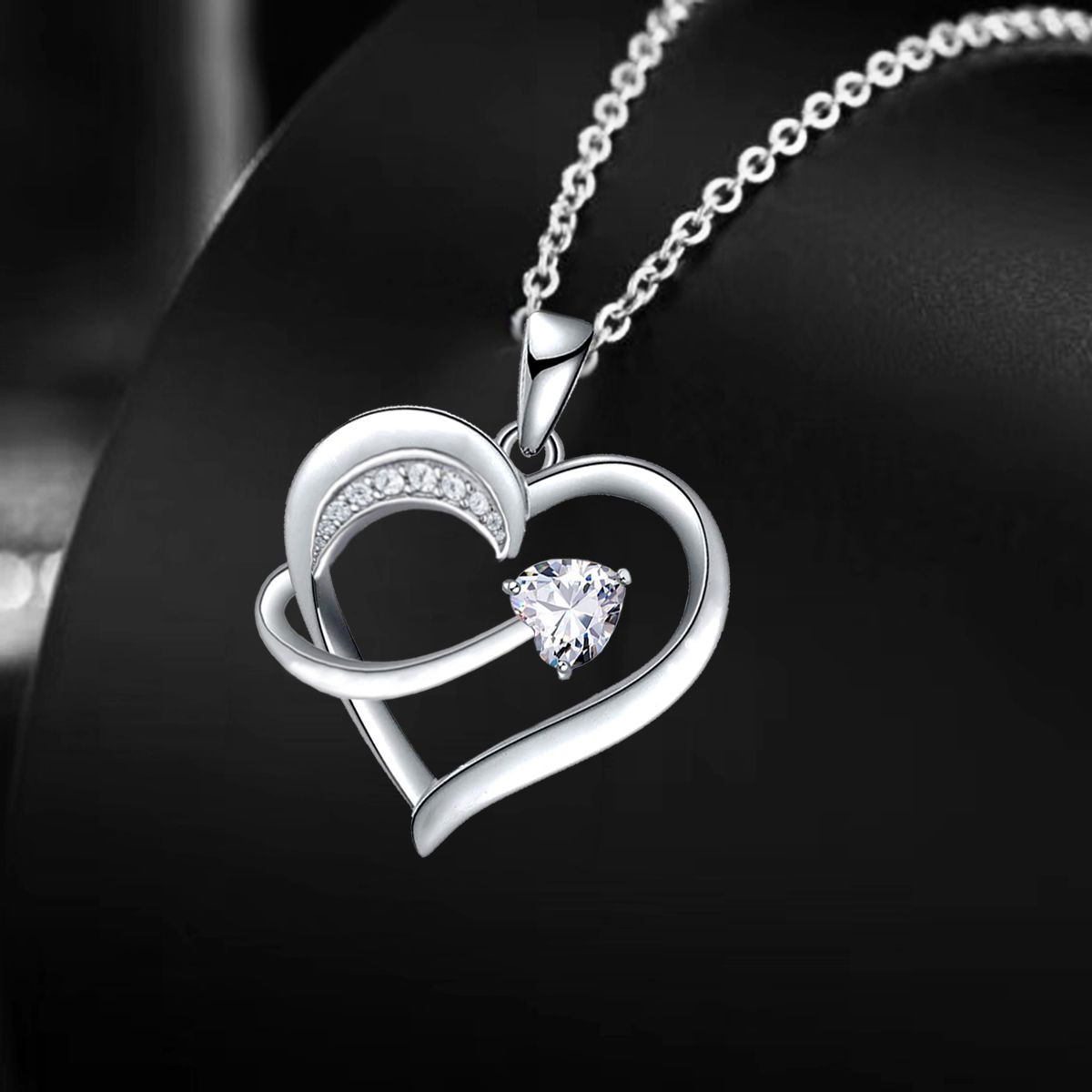 14k White Gold Plated 5A Cubic Zirconia Unique Love Heart Pendant Necklace for Women, Jewelry Gift for Wife Girlfriend