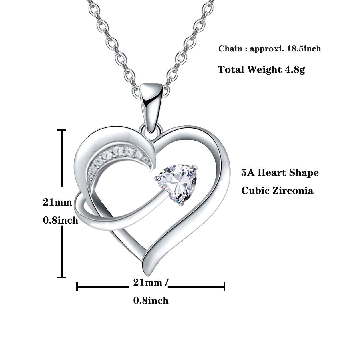 14k White Gold Plated 5A Cubic Zirconia Unique Love Heart Pendant Necklace for Women, Jewelry Gift for Wife Girlfriend