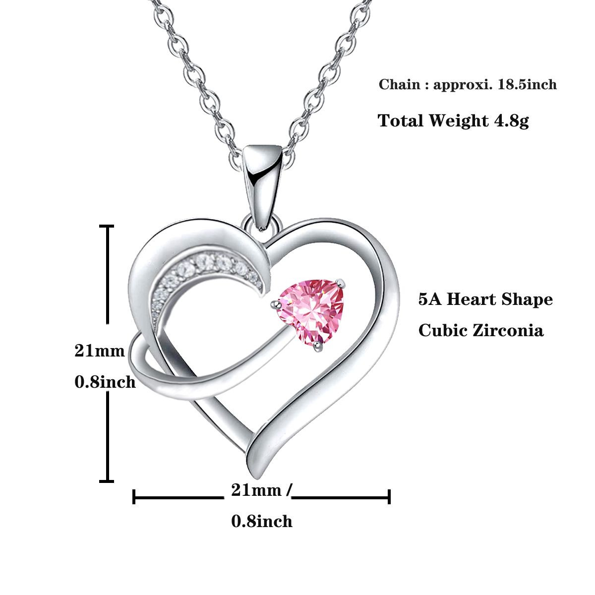 14k White Gold Plated 5A Cubic Zirconia Unique Love Heart Pendant Necklace for Women, Jewelry Gift for Wife Girlfriend