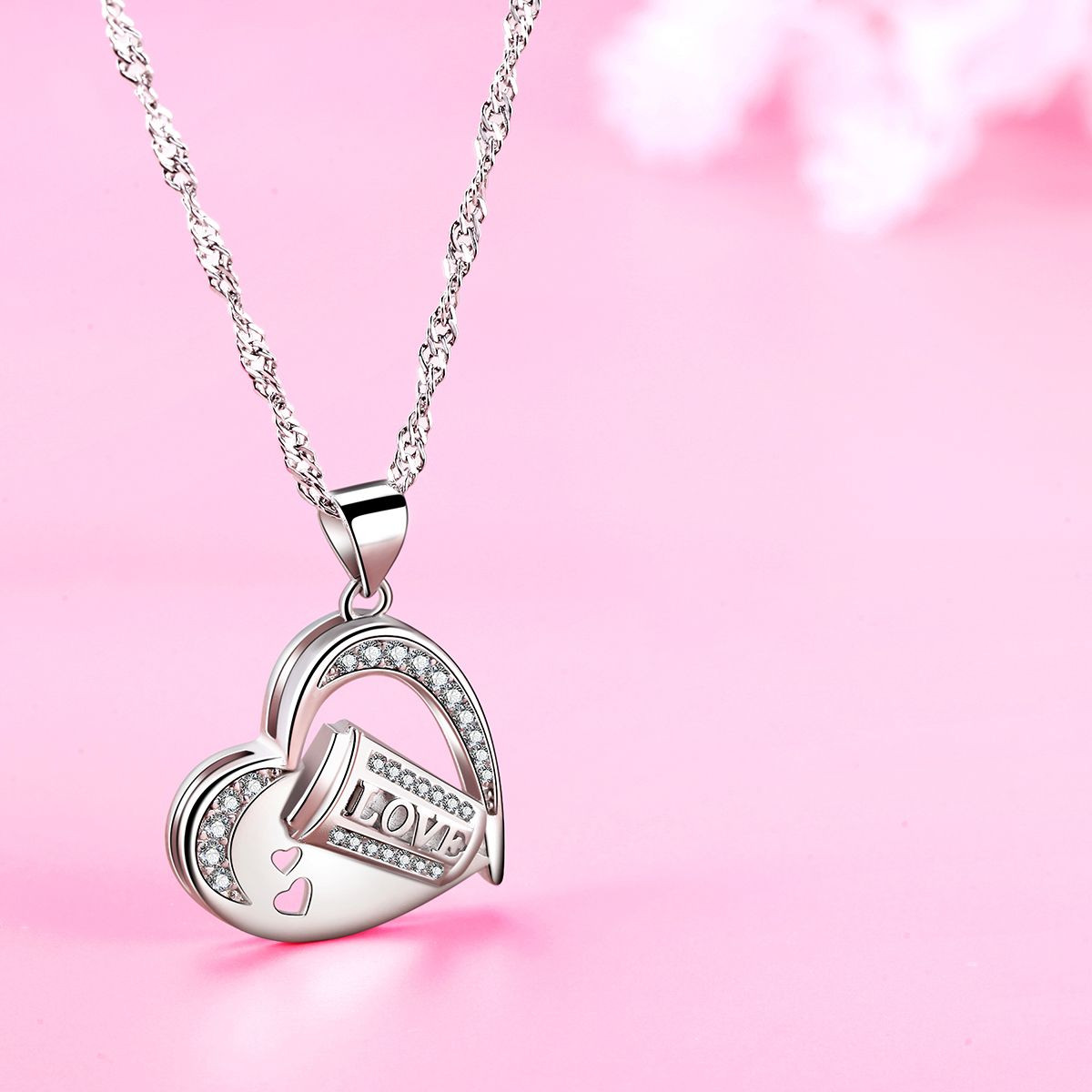 Heart Pendant Necklace 14k White Gold Plated Cubic Zirconia Love Heart Jewelry for Women Girls