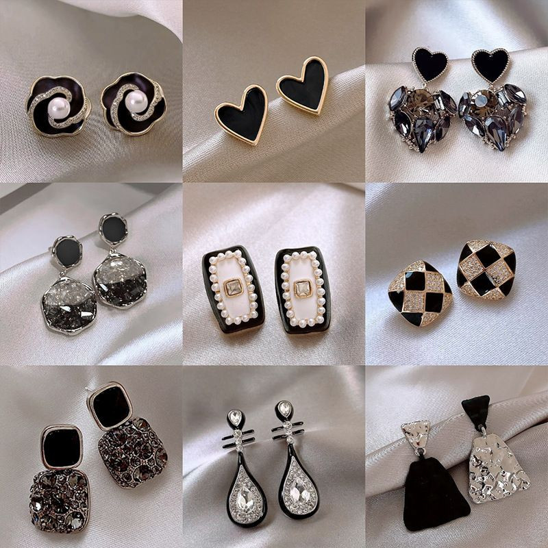 Elegant Black Enamel Square Pearl Drop Earrings for Women, 4Pcs Princess Cut Cubic Zirconia Sparkling Dangle Earrings, Luxury Vintage Formal Wedding Party Jewelry Gift