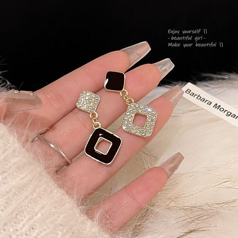 Elegant Black Enamel Square Pearl Drop Earrings for Women, 4Pcs Princess Cut Cubic Zirconia Sparkling Dangle Earrings, Luxury Vintage Formal Wedding Party Jewelry Gift
